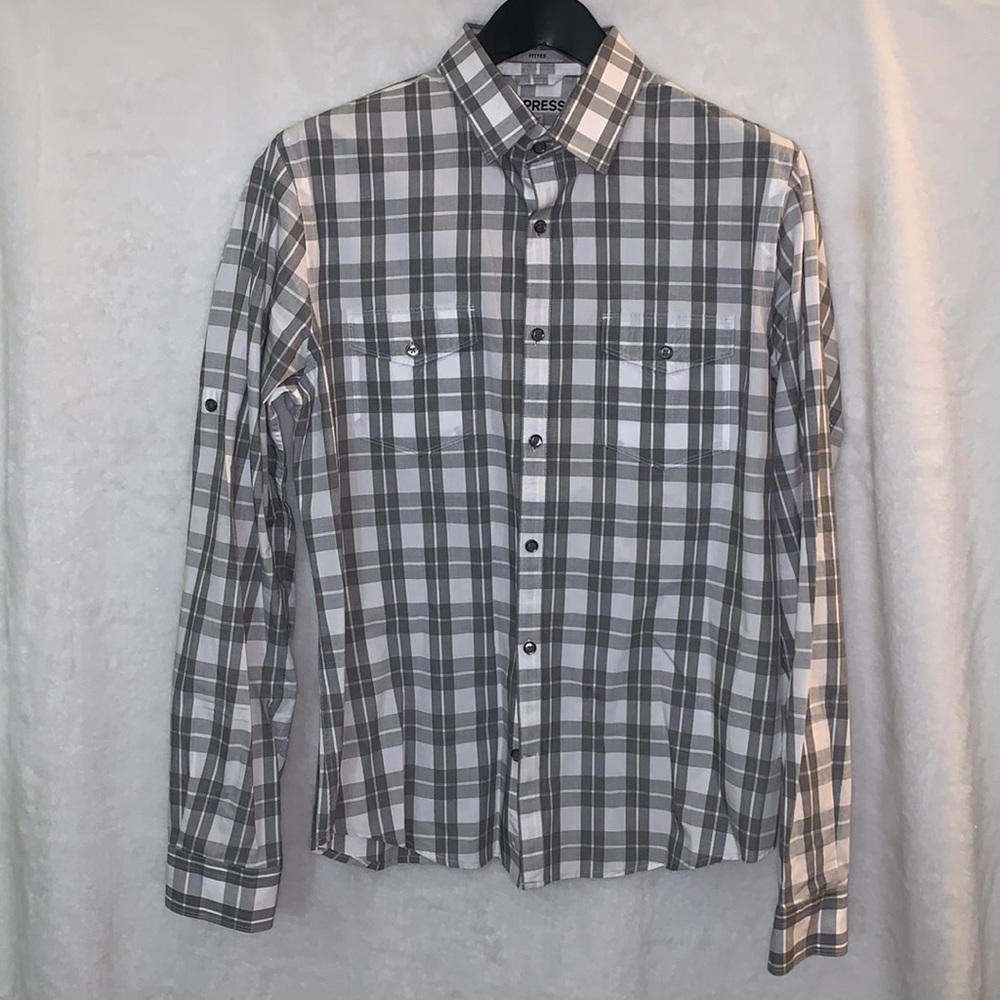 Express Men’s Long Sleeve Button Down Size Medium Fitted Gray/White Preowned